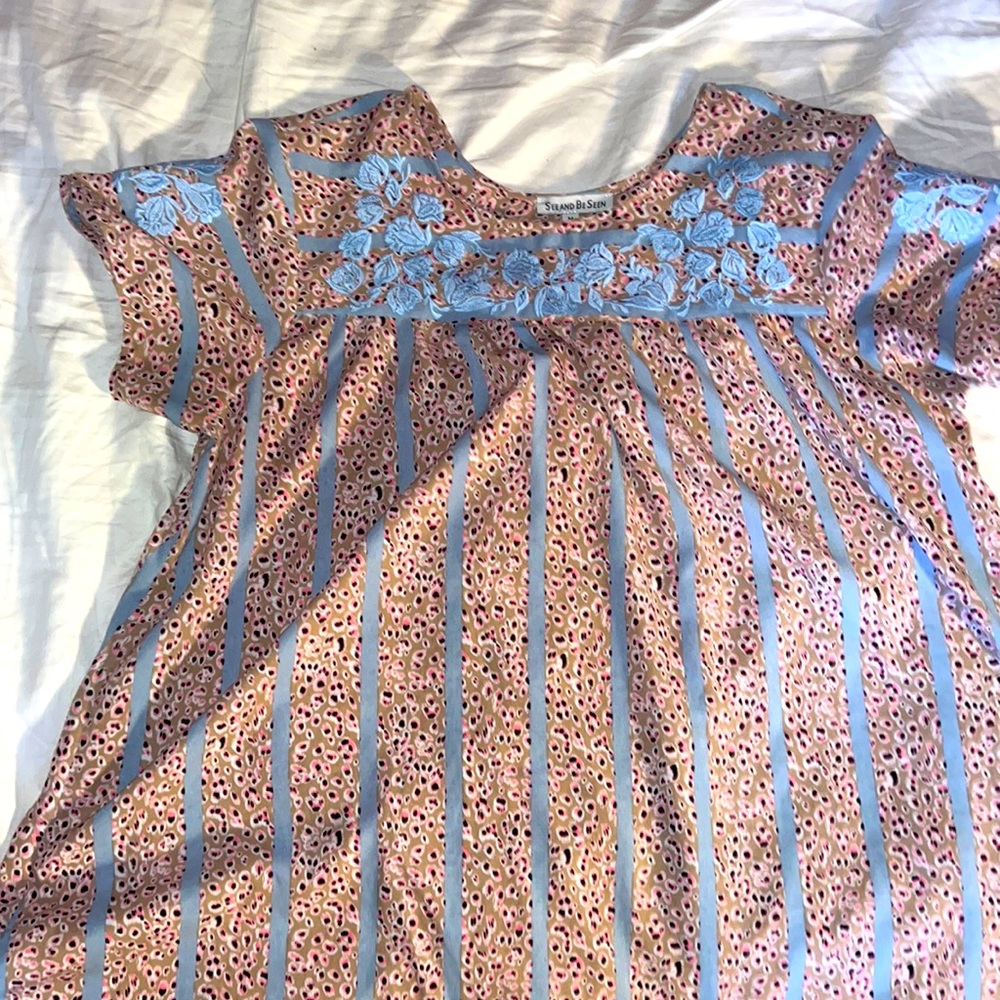 See and Be Seen Tan and Blue Spotted Blouse with Floral Accent